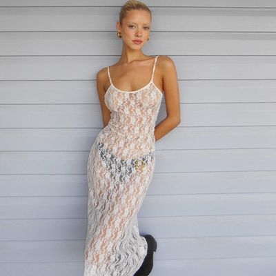 Perspective Mesh Halter Dress Piccolo Fiore di prugna senza schiena Lunga vista attraverso la gonna