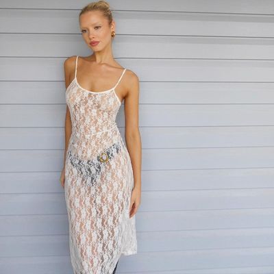 Perspective Mesh Halter Dress Piccolo Fiore di prugna senza schiena Lunga vista attraverso la gonna