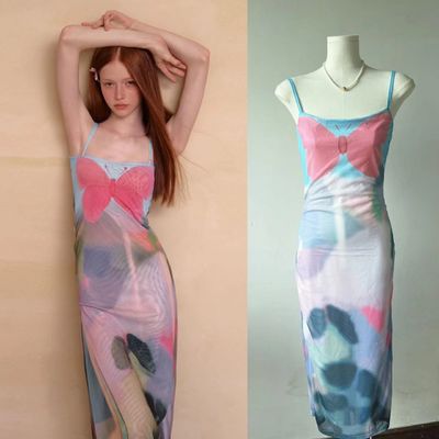 Rosa Blu Farfalla abito a legno francese Slit Slim abito sexy Taia dimagrante