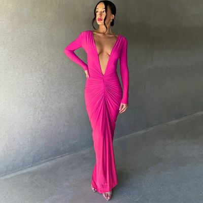 Rosa rosso abito da donna elegante snello sexy grande V colletto abito senza schiena pieghe colore solido