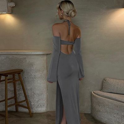 Colore solido Abito da donna elegante Moda caldo Abito senza schiena Split Strapless
