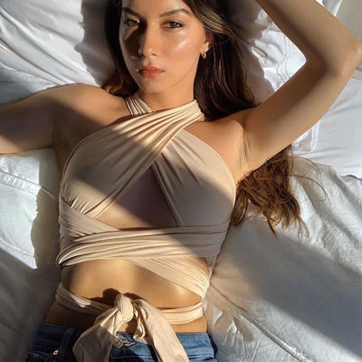 Sleeveless V Neck Tank Top Lace Up Style Sexy Cross Halter Top