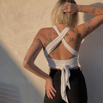 Sleeveless V Neck Tank Top Lace Up Style Sexy Cross Halter Top