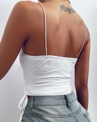 Strette sexy bianche sospensioni colore massiccio V profondo collo camicotto disegnare corda casual piccolo giubbotto