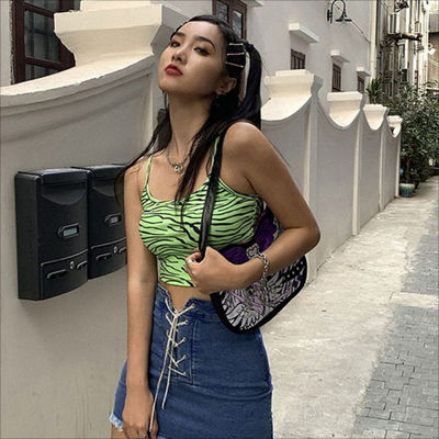 Camicetta da donna di moda giubbotto fluorescente verde zebra stampa camicetta slim fit sexy crop