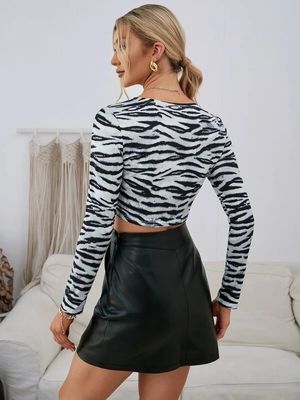 T-shirt decal V colletto stringhe corto donne Zebra stampa camicia a maniche lunghe