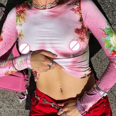 Casual Donna T-shirt a manica lunga Spice Print Slim Fit Crew Neck Long Sleeve Top