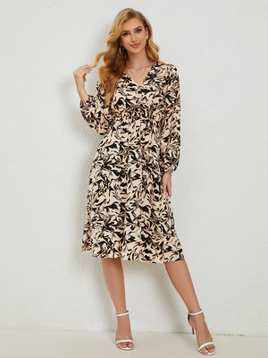 Stampa floreale vestita da donna V collo abito floreale lanterna manica gonna a linea