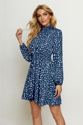 Collo rotondo alto Stampa floreale Moda donna in costume Lanterna Manica lunga Abito floreale