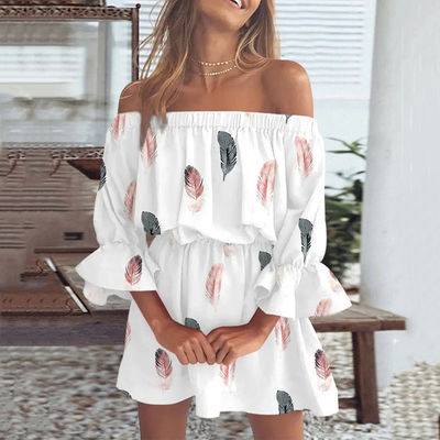 Collare a una riga Lunghezza del ginocchio Abito stampato Abito sexy floreale Abito a vita Abito sciolto