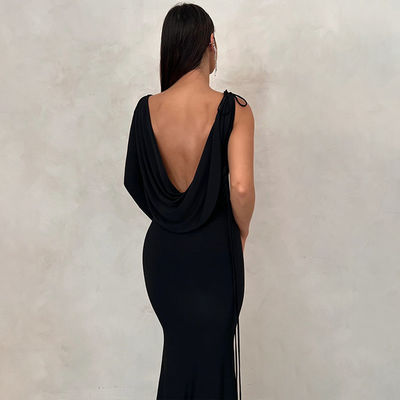 V Collo Vestito da sera snello Colore solido cravatta una spalla vuota Nero Vestito da sera sexy
