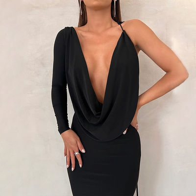 V Collo Vestito da sera snello Colore solido cravatta una spalla vuota Nero Vestito da sera sexy