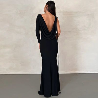 V Collo Vestito da sera snello Colore solido cravatta una spalla vuota Nero Vestito da sera sexy