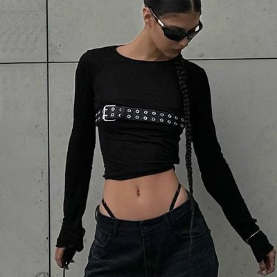 Moda Spice T-shirt sexy strette Collo rotondo T-shirt a manica lunga Slim Modello solido