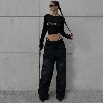 Moda Spice T-shirt sexy strette Collo rotondo T-shirt a manica lunga Slim Modello solido