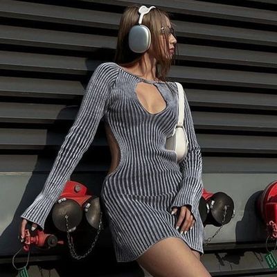 Moda abito a maglia leggero sexy senza schiena abito a manica lunga in lana