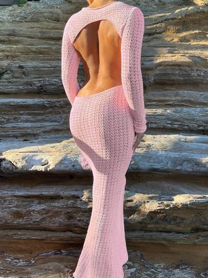 Vestimento in lana con schiena aperta Maxi sexy buco buco buco a rete manica lunga abito senza schiena