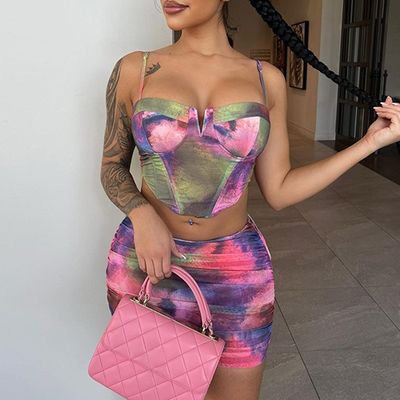 Fashion Crop Top Short Skirt Set Stampa Halter Slim Fit 2 Piece Short Skirt Set