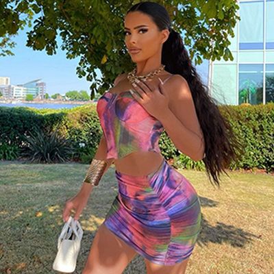 Fashion Crop Top Short Skirt Set Stampa Halter Slim Fit 2 Piece Short Skirt Set