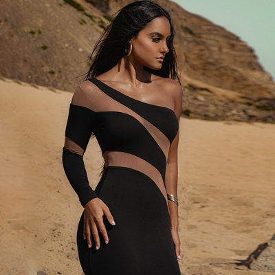Abito Midi personalizzato con una spalla Moda Mesh Perspectiva Collo Scostato Abito Sexy