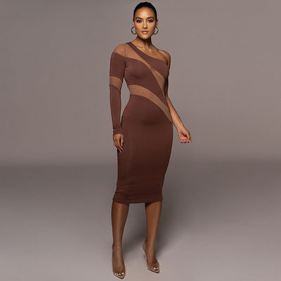 Abito Midi personalizzato con una spalla Moda Mesh Perspectiva Collo Scostato Abito Sexy