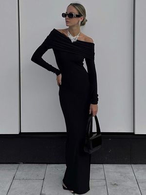 Pacchetto personalizzato Abito da anca senza cinturini Collo Sottile Temperamento Fit Vento Alto Slit Abito da sedere Stretto