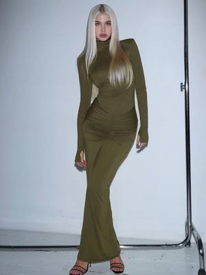 Custom Slim Solid Color Hip Wrap Dress Collo Alto Manica Lunga