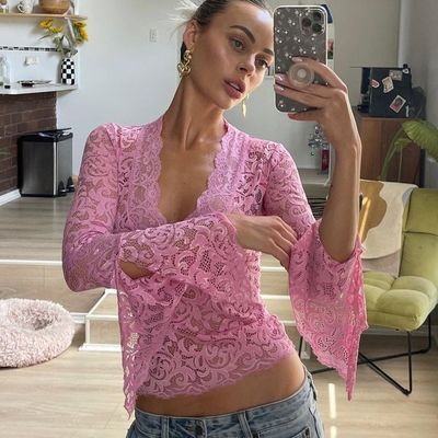 Nuovo sexy V profondo e snello tutto corto, taglio personalizzato, pizzo a manica lunga, spice girl, top pizzo.