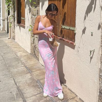 Verano Nuovo V-Neck Sessivo senza schiena Stampa Digitale Medio Lunghezza Abito a Reggiseno