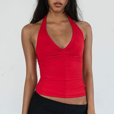 Verano nuovo colore massello V-colletto cinturino di cintura magra vestito piccolo top