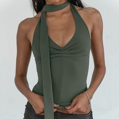 Verano nuovo colore massello V-colletto cinturino di cintura magra vestito piccolo top