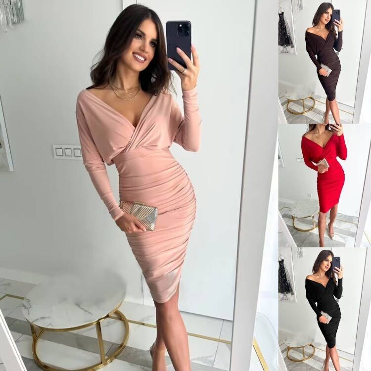 Pacco alla moda Abito a manica lunga V collo sexy vita pieghevole Abito a fascia