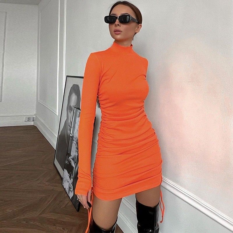 Moda Slim Side Long Sleeve String Dress Solid Color Sexy Plieated Dress