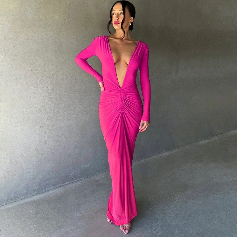 Rosa rosso abito da donna elegante snello sexy grande V colletto abito senza schiena pieghe colore solido