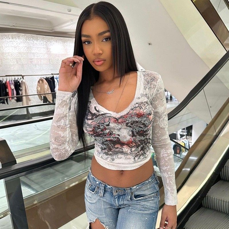 T-shirt sexy per adulti con decal, stampa di moda, maglia leggera, manica lunga.