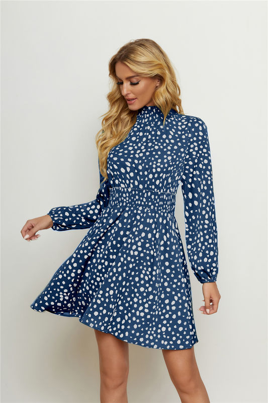 Collo rotondo alto Stampa floreale Moda donna in costume Lanterna Manica lunga Abito floreale