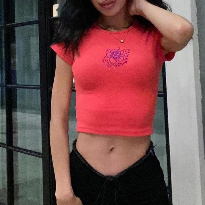 Collo rotondo sexy T-shirt strette colore massiccio sexy crop stretta abbigliamento con manica corta