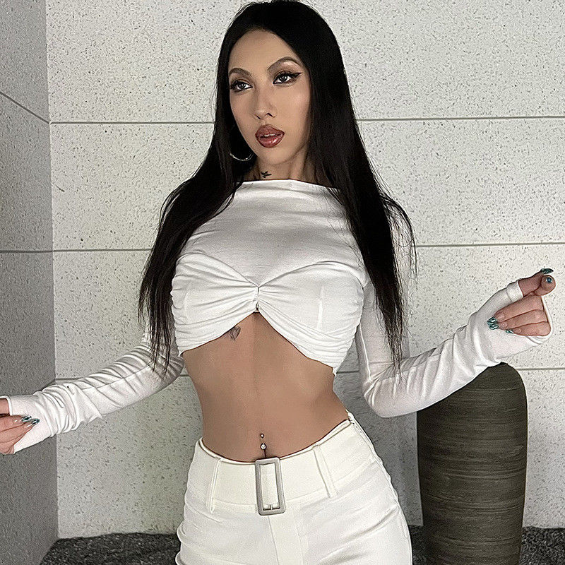 Collo a una linea camicie sexy a manica lunga T-shirt a pieghe bianco
