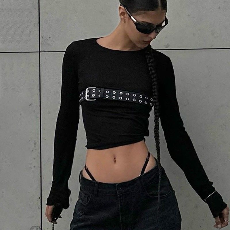 Moda Spice T-shirt sexy strette Collo rotondo T-shirt a manica lunga Slim Modello solido