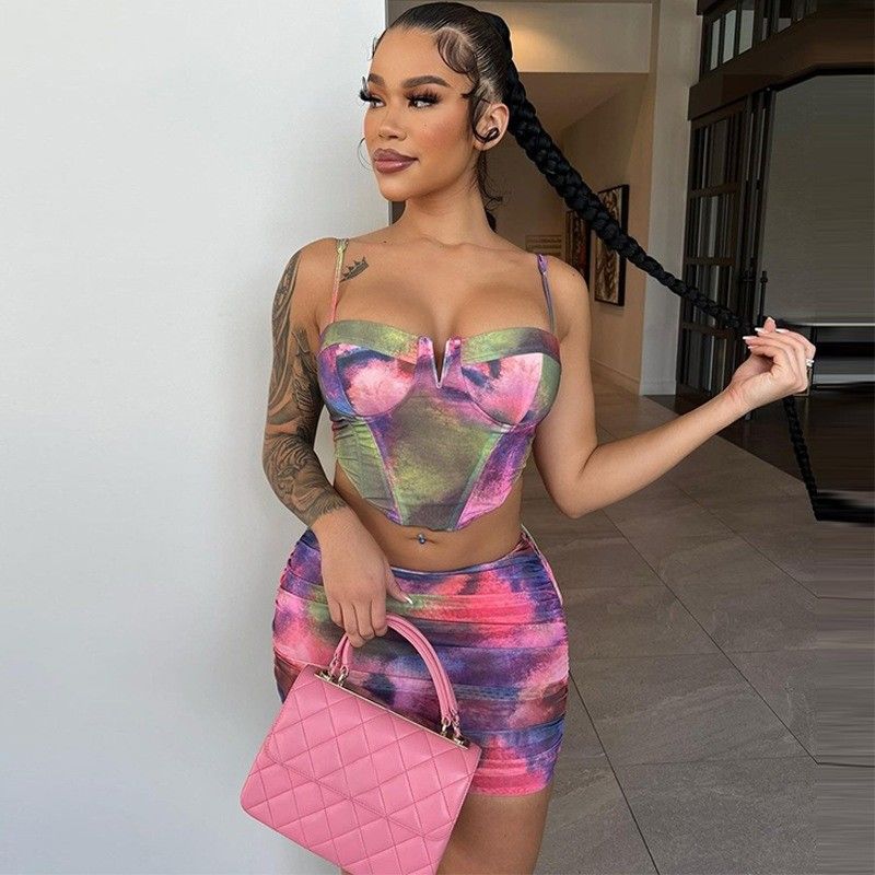 Fashion Crop Top Short Skirt Set Stampa Halter Slim Fit 2 Piece Short Skirt Set