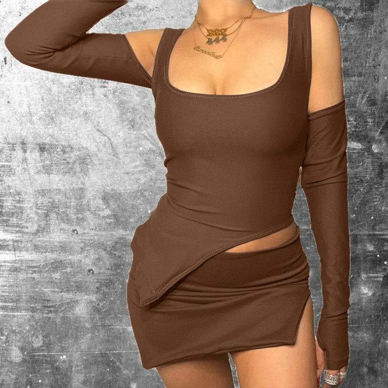 Donne Viaggi Ocio Abiti sportivi sexy U Collo Slim Split Short Skirt And Top Set