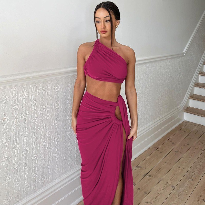 V Colletto abito da donna a manica corta collezione sexy senza schiena senza bretelle top slim split skirt set